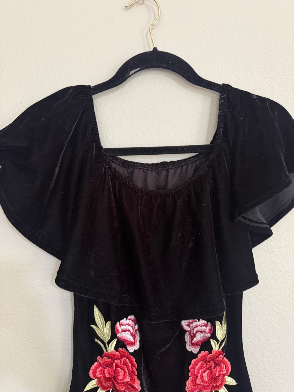 Black Velvet Dress with Red Rose Embroidery - Picture 3 of 4